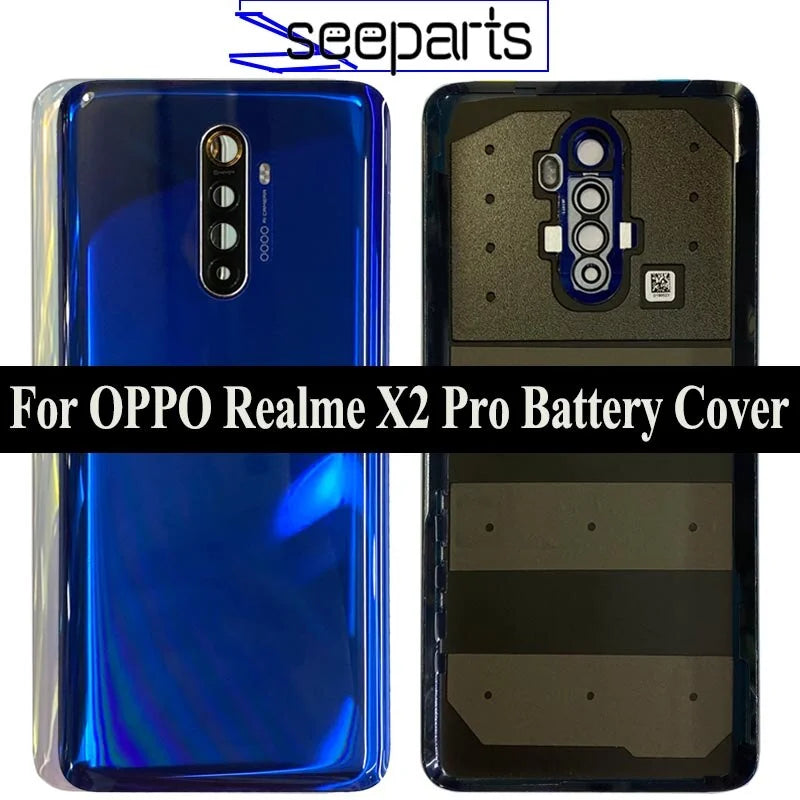 Blue glossy rear panel and inner frame for Oppo Realme X2 Pro battery cover replacement with camera cutouts