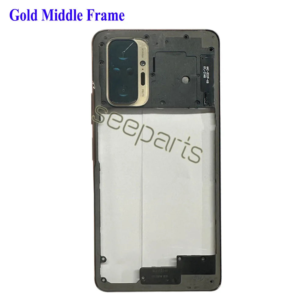 Mumzar gold middle frame inner housing for Redmi Note 10 Pro battery cover replacement showing camera cutout and mounting points