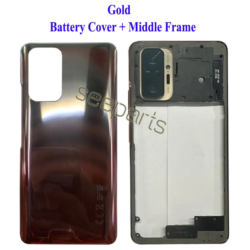 Mumzar Gold Redmi Note 10 Pro battery cover replacement and middle frame showing glossy back cover and camera cutout