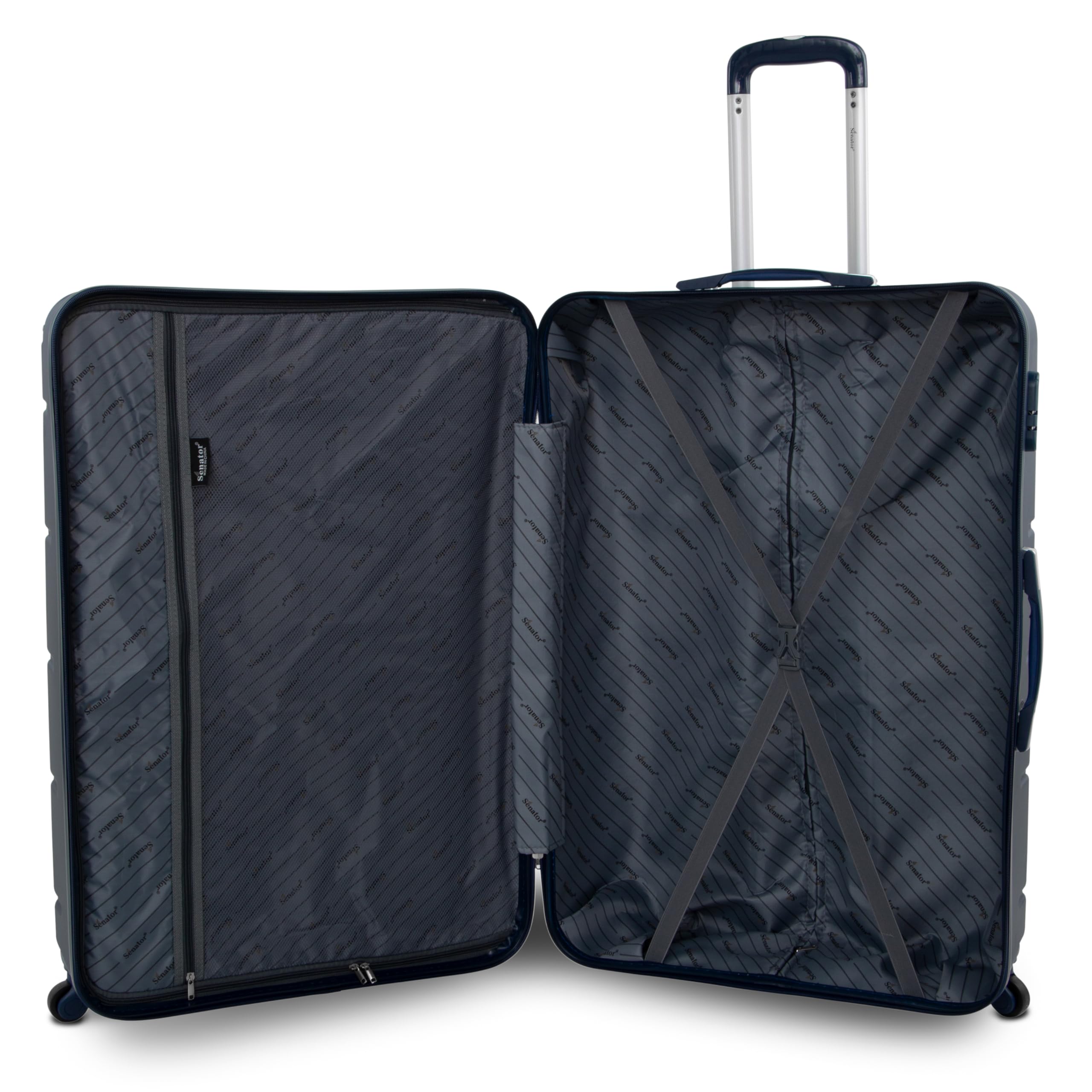 Open lightweight hard shell luggage 32 inch with expandable interior and cross straps for secure packing