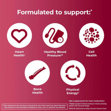Multivitamin supplement support icons for heart health, blood pressure, cell health