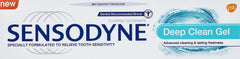 Sensodyne Deep Clean Gel Toothpaste packaging showing Sensodyne logo and fluoride gel for sensitive teeth