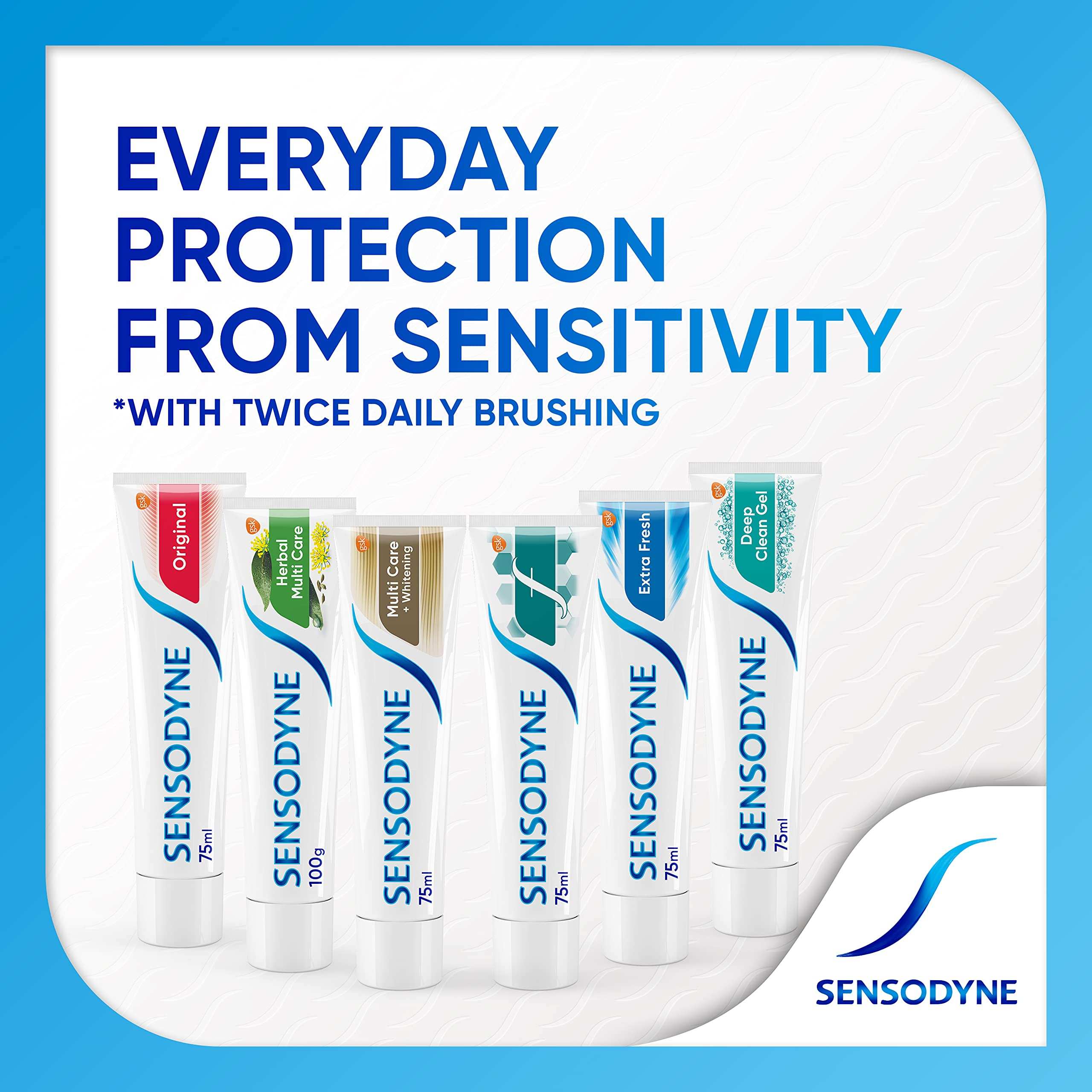 Sensodyne Deep Clean Gel Toothpaste tube shown with five Sensodyne variants for everyday protection from sensitivity