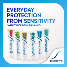 Toothpaste box panel showing everyday sensitivity protection and multiple tubes