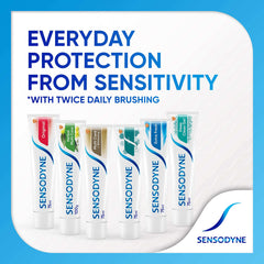 Sensodyne Deep Clean Gel Toothpaste tube shown with five Sensodyne variants for everyday protection from sensitivity