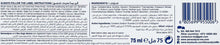 Toothpaste back label with barcode, ingredients text, and 75 ml marking