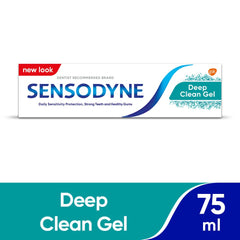 Box of Sensodyne Deep Clean Gel Toothpaste 75 ml in white teal packaging new look for daily oral care