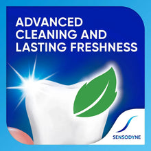 Toothpaste marketing panel with tooth icon and green leaf symbol