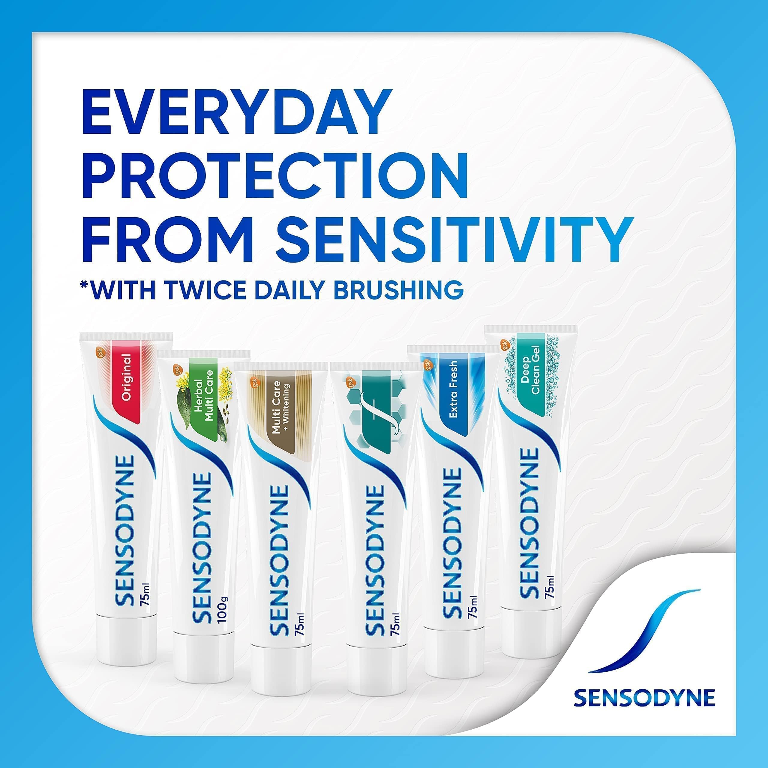 Row of Sensodyne toothpaste tubes with everyday protection message featuring Sensodyne Extra Fresh toothpaste 50ml