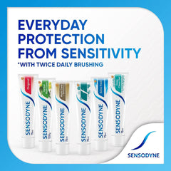 Row of Sensodyne toothpaste tubes with everyday protection message featuring Sensodyne Extra Fresh toothpaste 50ml