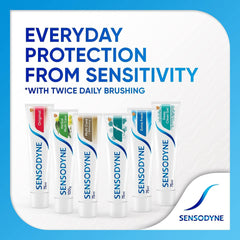 Sensodyne Extra Fresh toothpaste 50ml shown among Sensodyne daily protection tubes on blue background