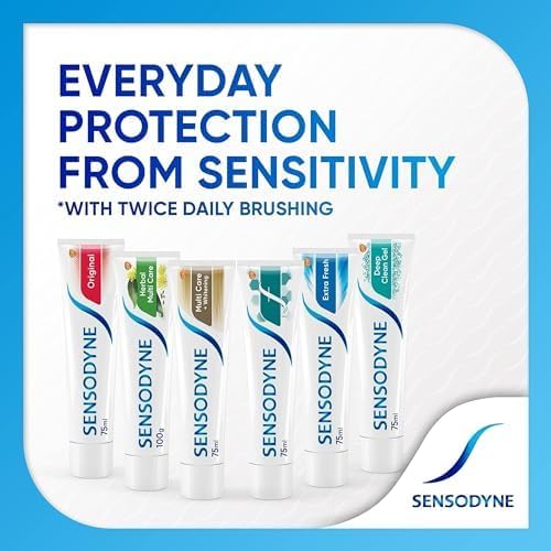 Display of Sensodyne toothpaste tubes with packaging lineup and Sensodyne Extra Fresh toothpaste 50ml highlighted