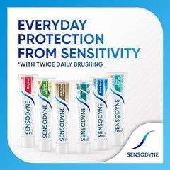 Display of Sensodyne toothpaste tubes with packaging lineup and Sensodyne Extra Fresh toothpaste 50ml highlighted
