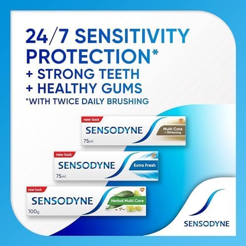 Sensodyne Extra Fresh toothpaste 50ml. Pack display of Sensodyne variants with 24 7 sensitivity protection and healthy gums
