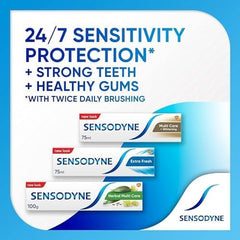 Sensodyne Extra Fresh toothpaste 50ml. Pack display of Sensodyne variants with 24 7 sensitivity protection and healthy gums