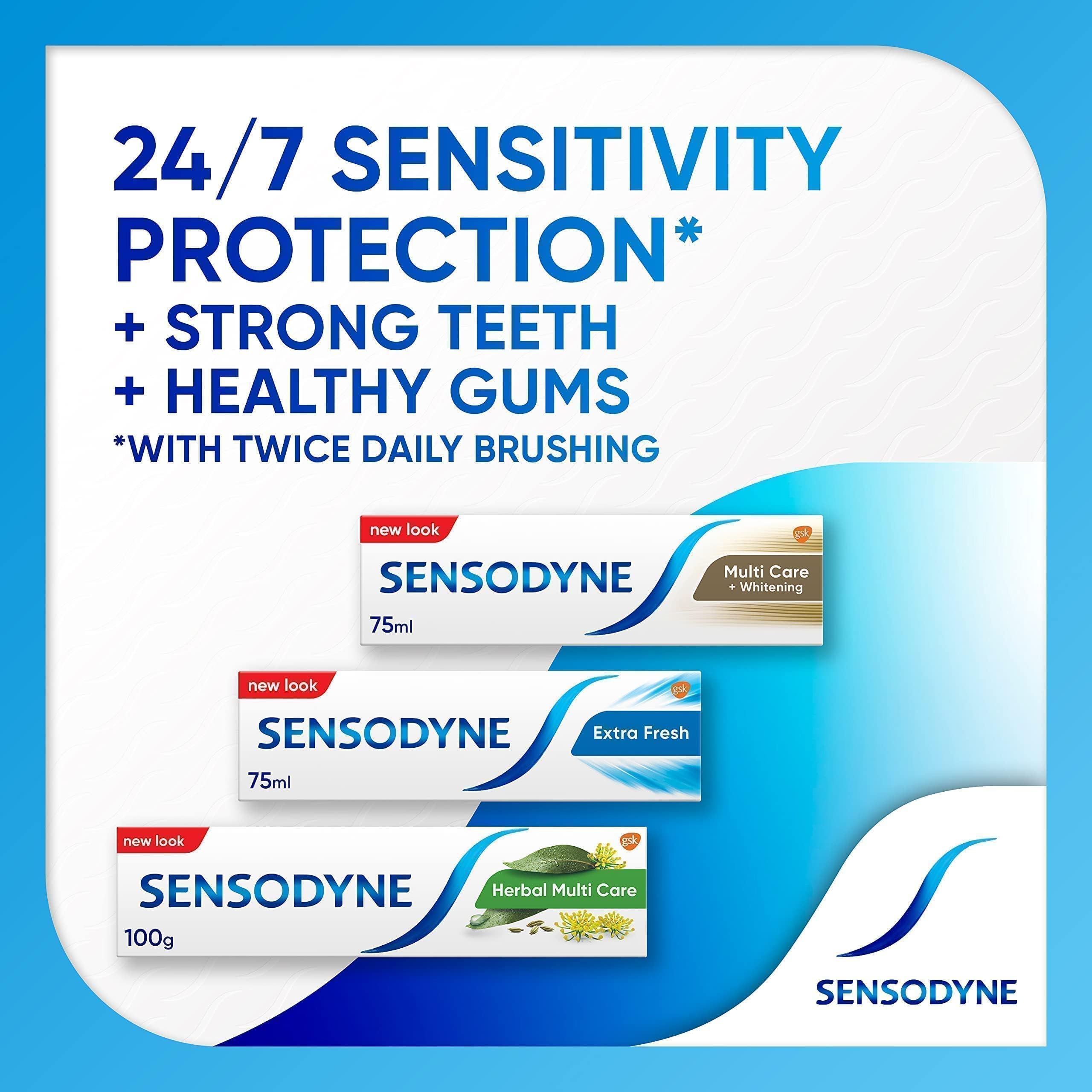 Sensodyne display of toothpaste tubes including Extra Fresh Sensodyne Extra Fresh toothpaste 50ml for sensitive teeth