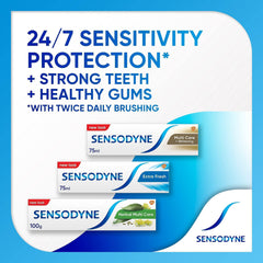 Sensodyne display of toothpaste tubes including Extra Fresh Sensodyne Extra Fresh toothpaste 50ml for sensitive teeth