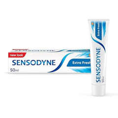 Sensodyne Extra Fresh toothpaste 50ml tube and box with white blue packaging for sensitive teeth