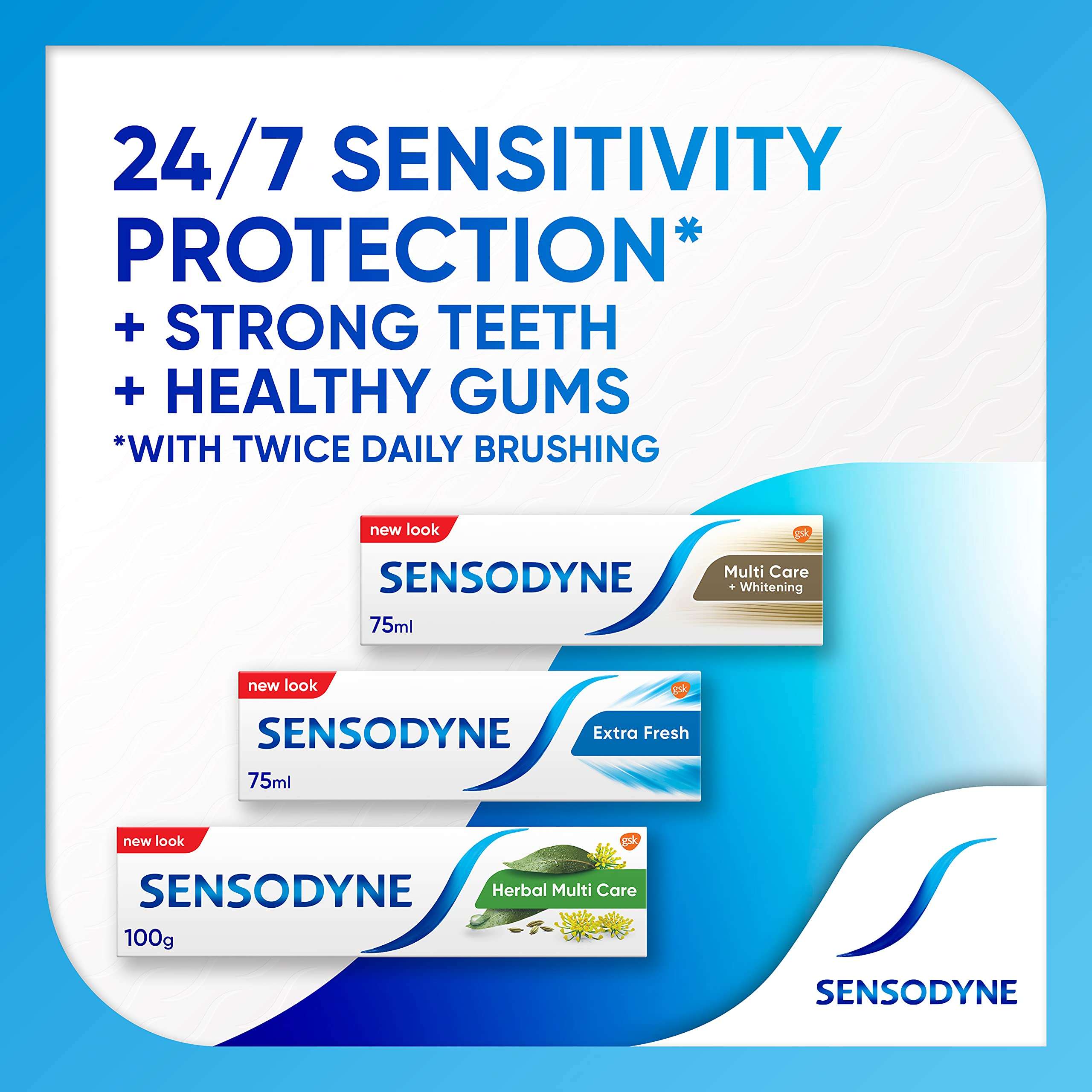 Sensodyne herbal toothpaste for sensitive teeth. Three Sensodyne boxes shown including Herbal Multi Care and 24 7 protection