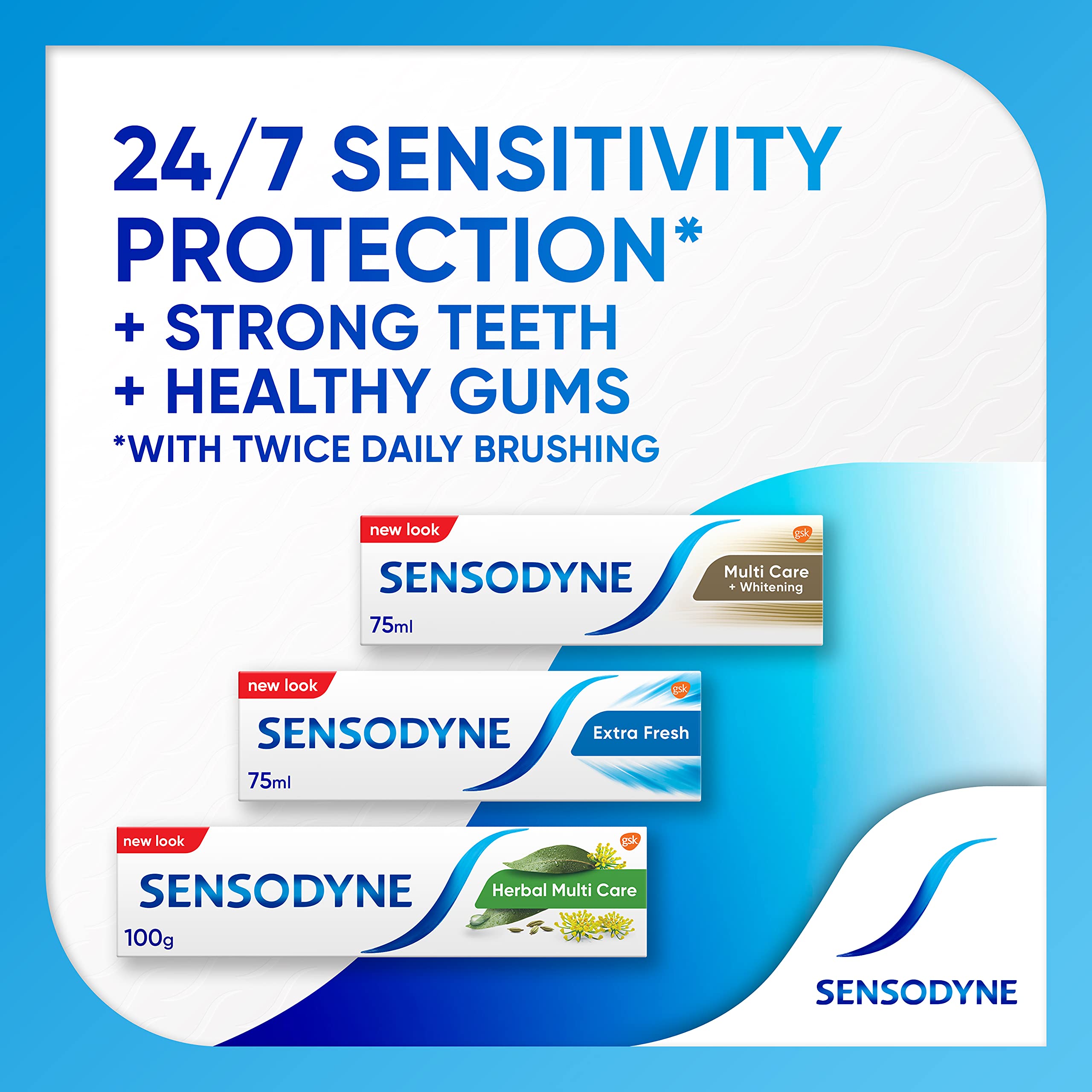 Sensodyne herbal toothpaste for sensitive teeth. Three Sensodyne boxes shown including Herbal Multi Care and 24 7 protection