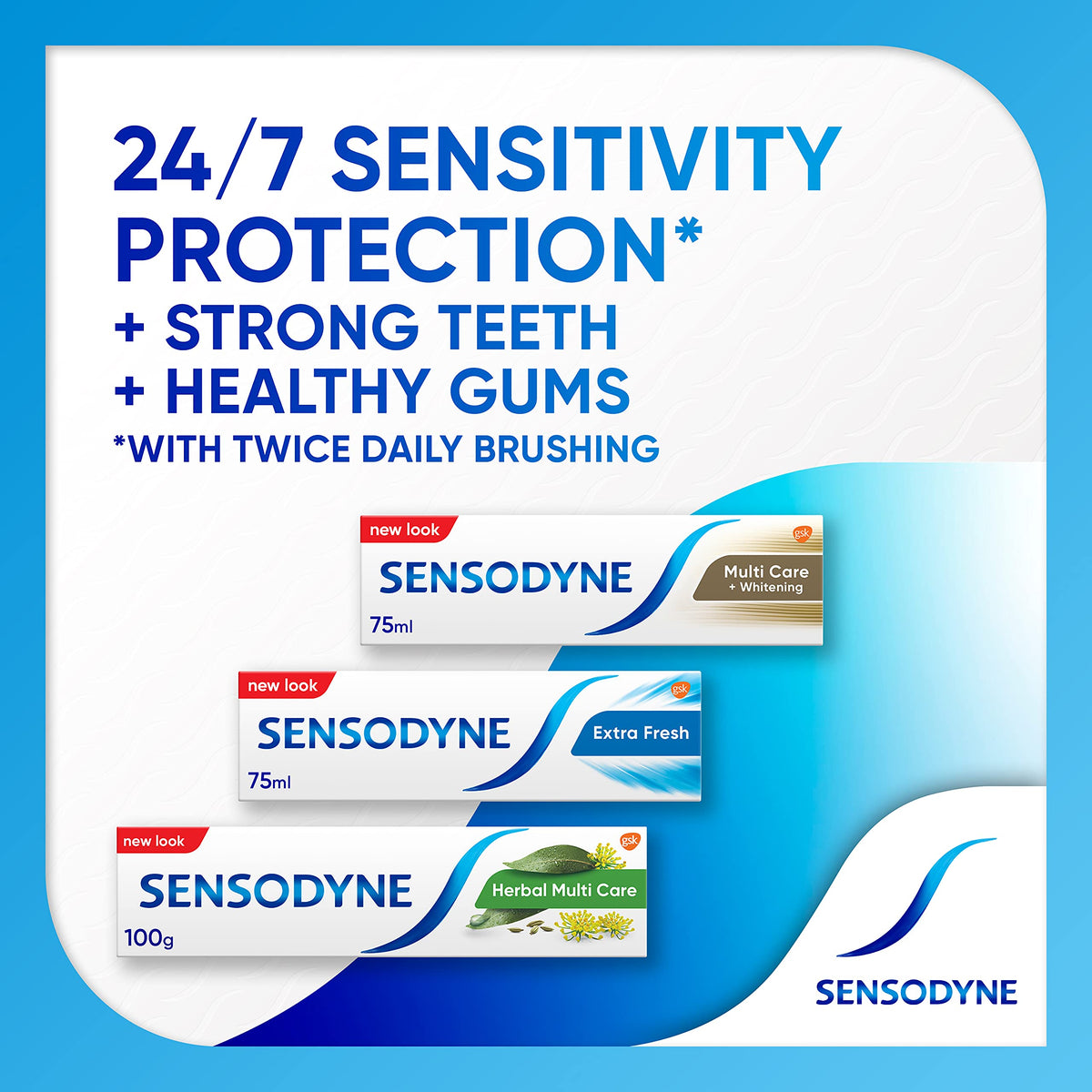 Sensodyne herbal toothpaste for sensitive teeth. Three Sensodyne boxes shown including Herbal Multi Care and 24 7 protection