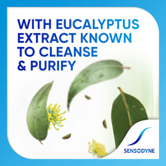 Sensodyne herbal toothpaste for sensitive teeth. Eucalyptus leaves and flowers with Sensodyne logo and cleansing extract.