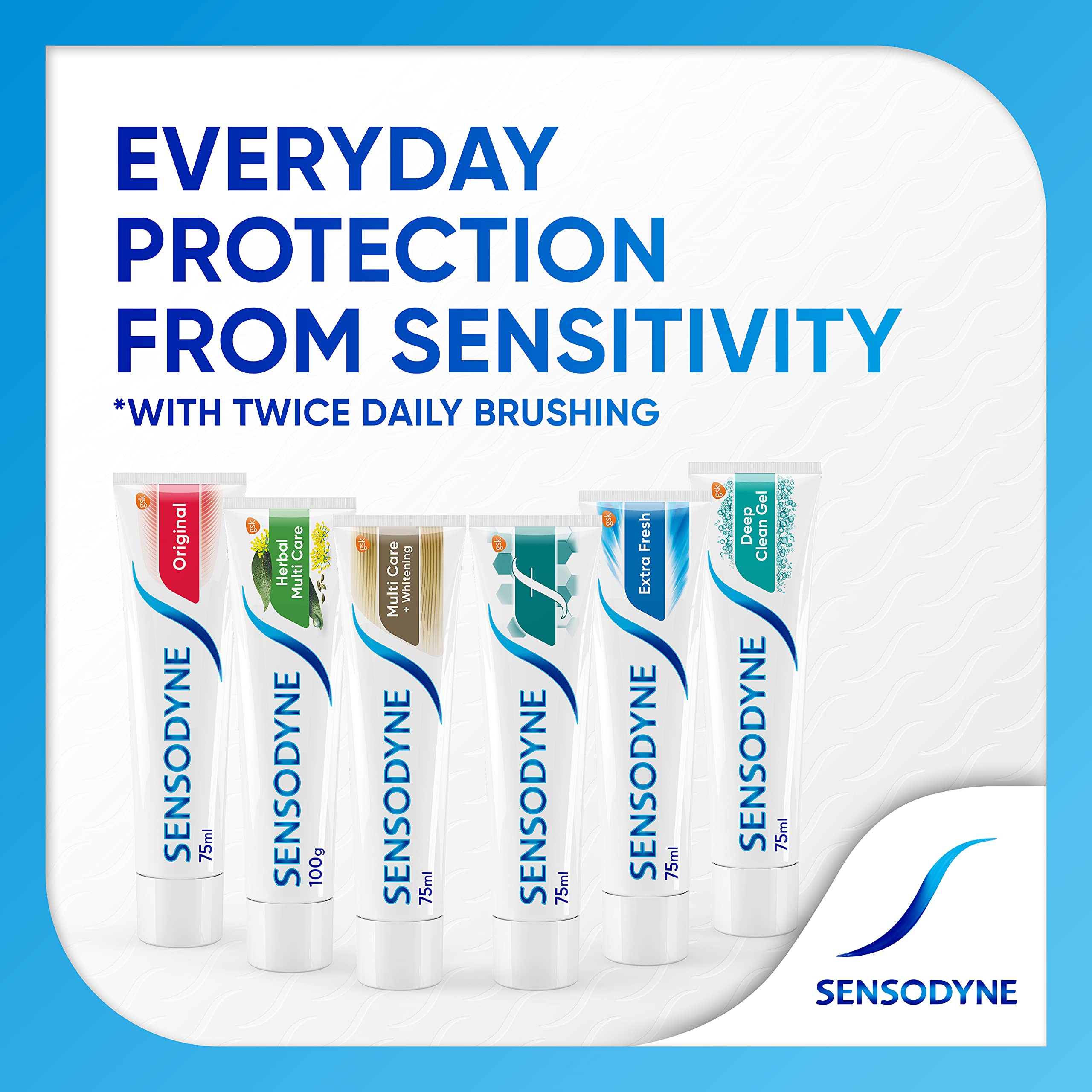 Sensodyne herbal toothpaste for sensitive teeth shown with five other Sensodyne variant tubes and logo