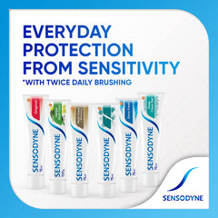 Sensodyne herbal toothpaste for sensitive teeth shown with five other Sensodyne variant tubes and logo