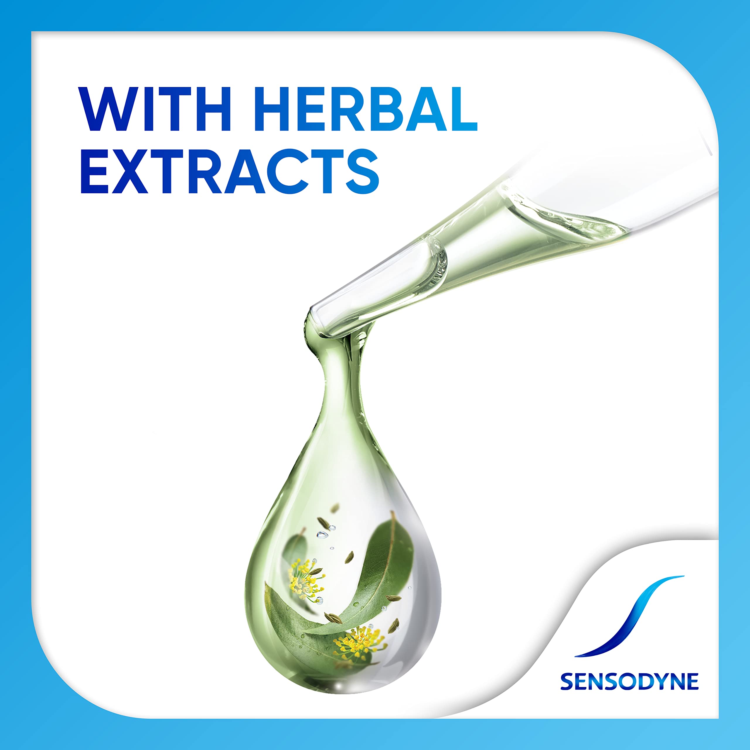 Sensodyne herbal toothpaste for sensitive teeth. Droplet of herbal extract from pipette with Sensodyne logo