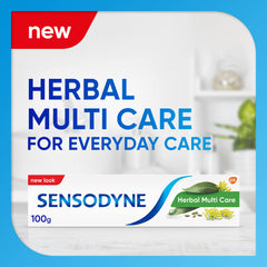 Sensodyne herbal toothpaste for sensitive teeth. Herbal Multi Care 100g box with leaves and yellow flowers