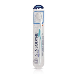 Single white and teal Sensodyne soft bristle toothbrush in clear blister pack, Sensodyne toothbrush for sensitive teeth.
