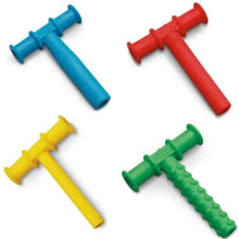 Four colorful chewy tubes: blue, red, yellow, green