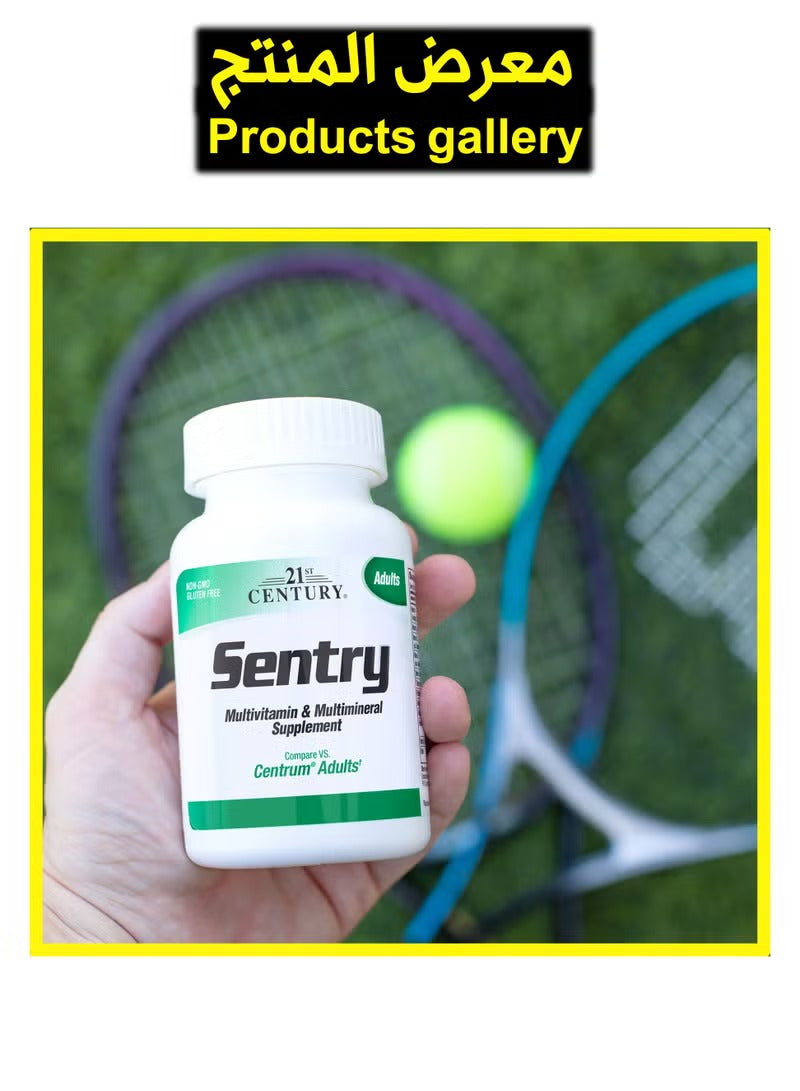 Sentry adults multivitamin supplement from 21st Century in hand with tennis equipment in background