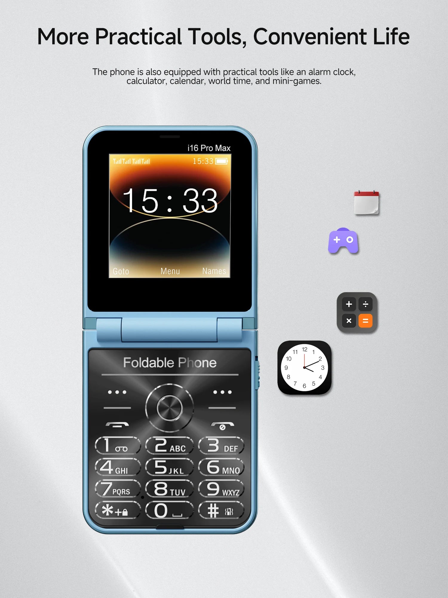 Mumzar blue flip mobile phone with dual SIM showing clock screen and numeric keypad for easy calling