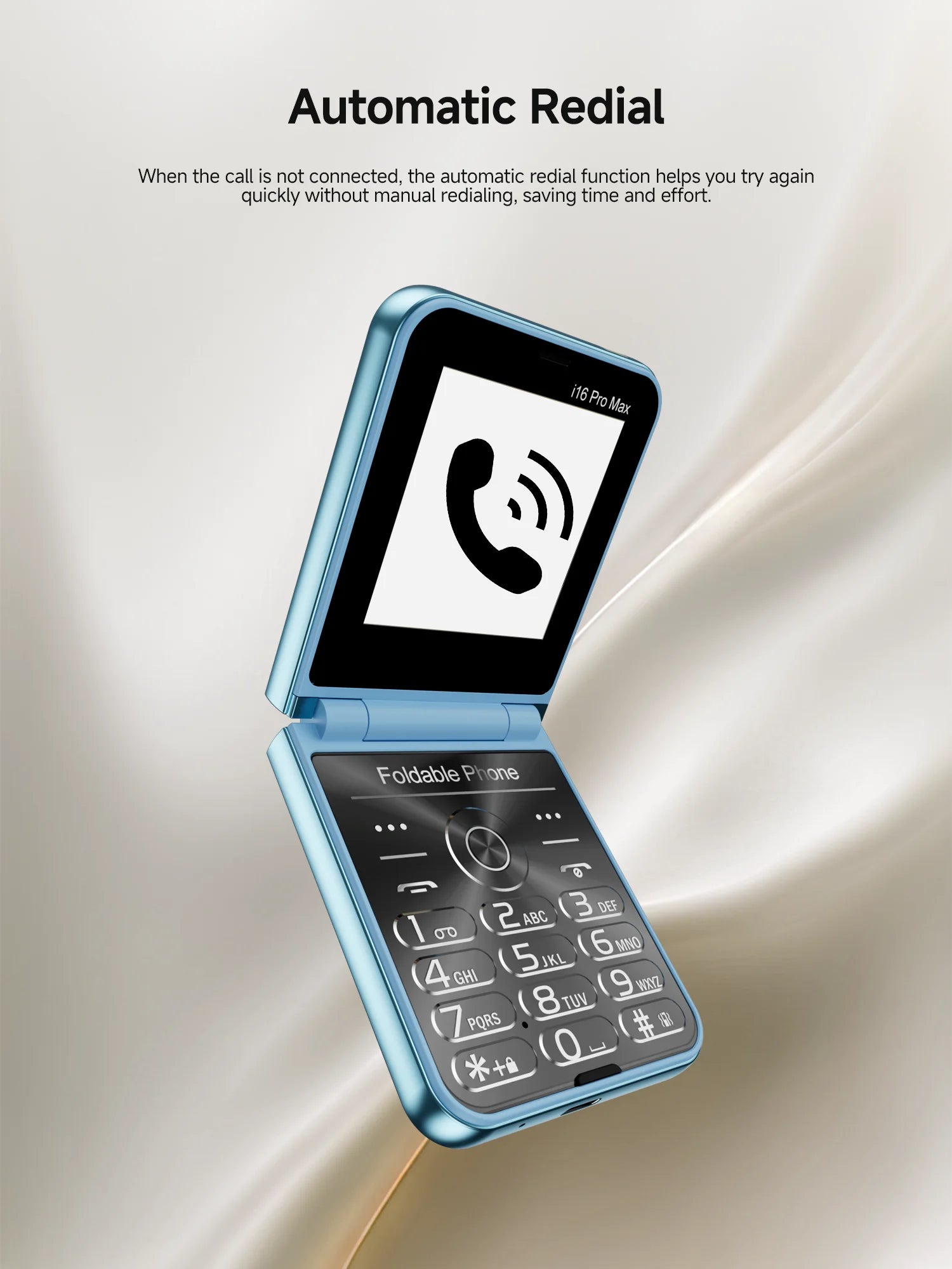 Mumzar blue flip mobile phone with dual SIM open showing call icon on screen and large tactile keypad