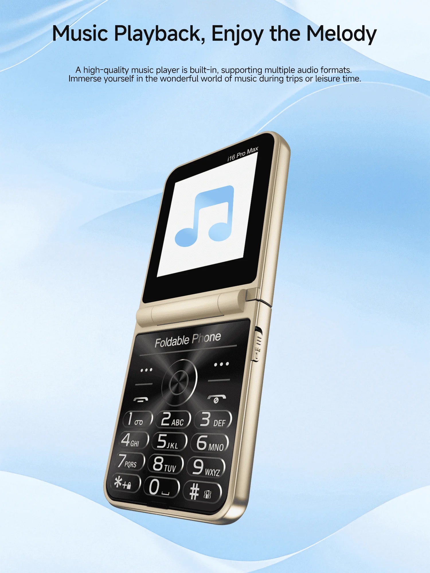 Gold foldable music phone with physical keypad showing music icon Mumzar flip mobile phone with dual SIM