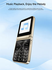 Gold foldable music phone with physical keypad showing music icon Mumzar flip mobile phone with dual SIM