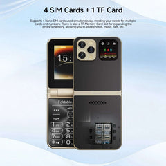 Mumzar flip mobile phone with dual SIM gold clamshell open showing four SIM card slots TF card slot external display and keypad
