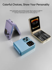 Mumzar colorful flip mobile phone with dual SIM shown in gold open and blue and purple closed with rear camera modules