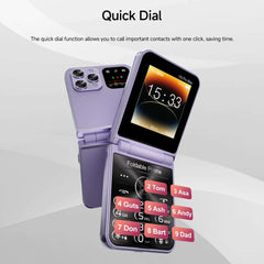 Purple Mumzar flip mobile phone with dual SIM showing open clamshell design inner display time and quick dial keypad