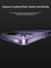 Mumzar purple flip mobile phone with dual SIM showing vacuum coated shell camera bump and external light