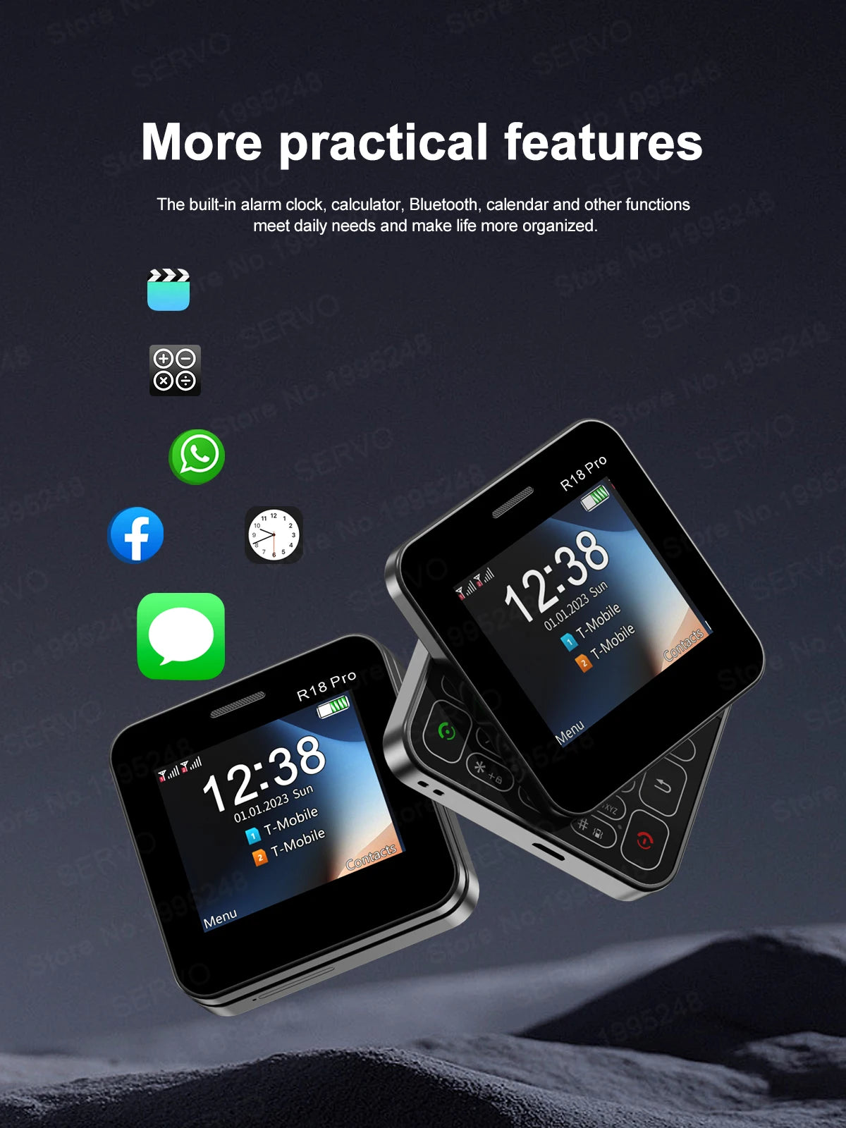 Mumzar compact black SERVO R18 PRO side slider phone showing dual swivel screens and app icons