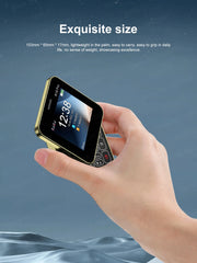 Mumzar SERVO R18 PRO side slider phone held in hand showing compact gold trimmed screen and slide out keypad