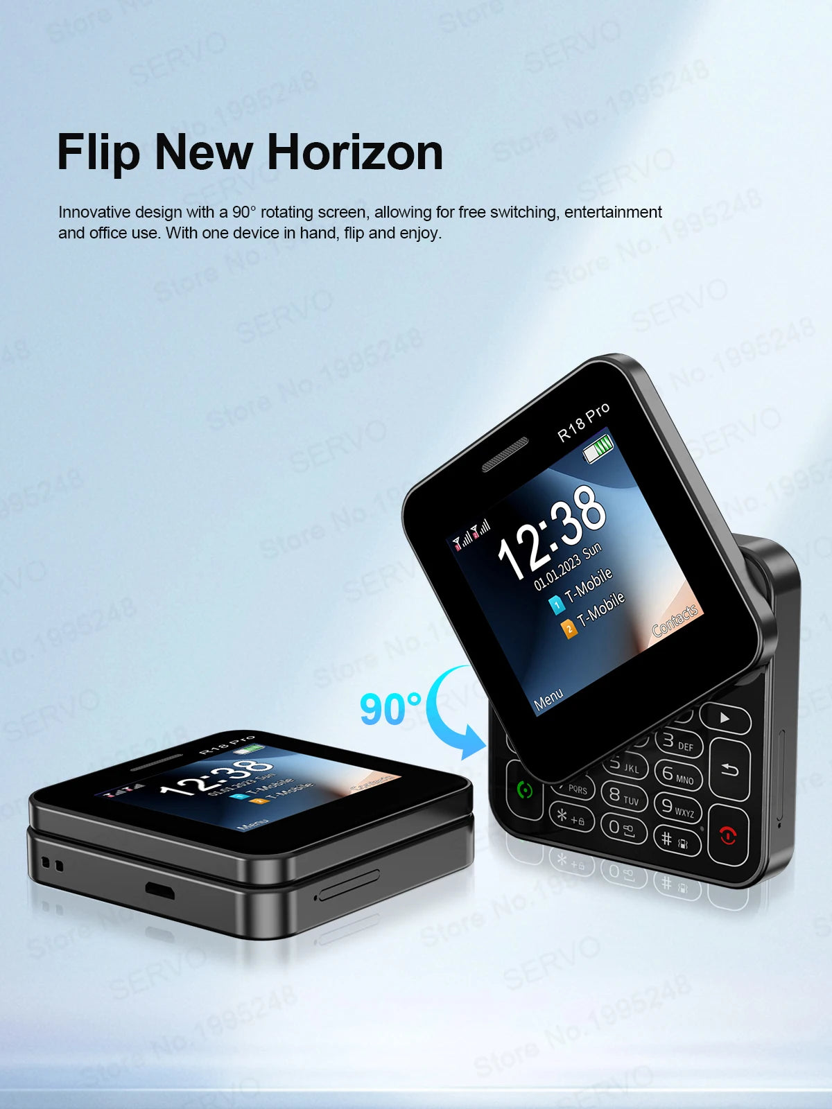 SERVO R18 PRO side slider phone Mumzar rotating 90 degree flip design with numeric keypad and small touchscreen