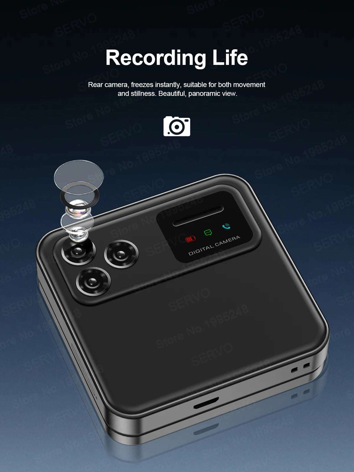 Black SERVO R18 PRO side slider phone showing rear camera module with three lenses and digital display