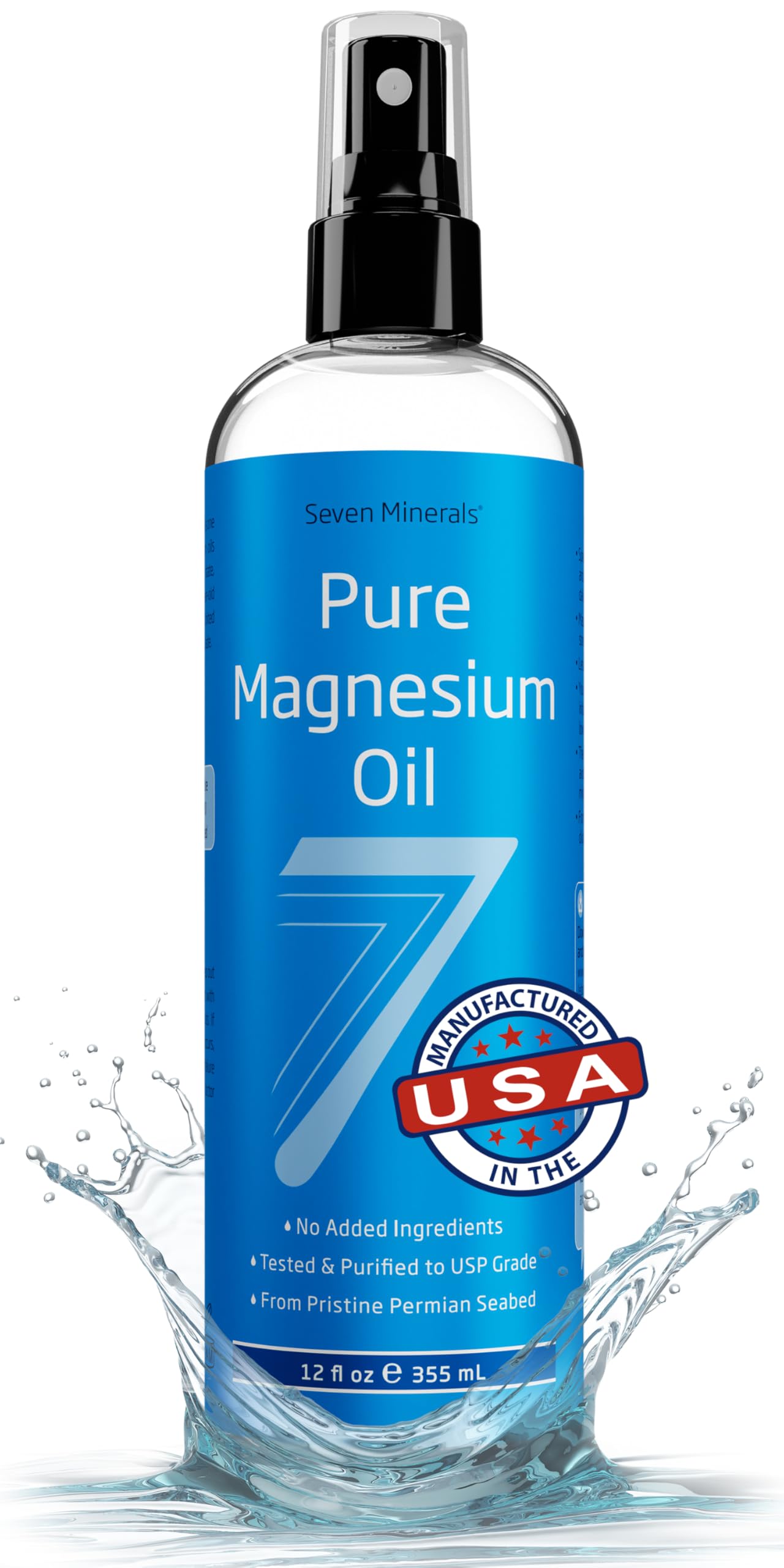 Seven Minerals pure magnesium oil spray 12 fl oz clear spray bottle with blue label and water splash