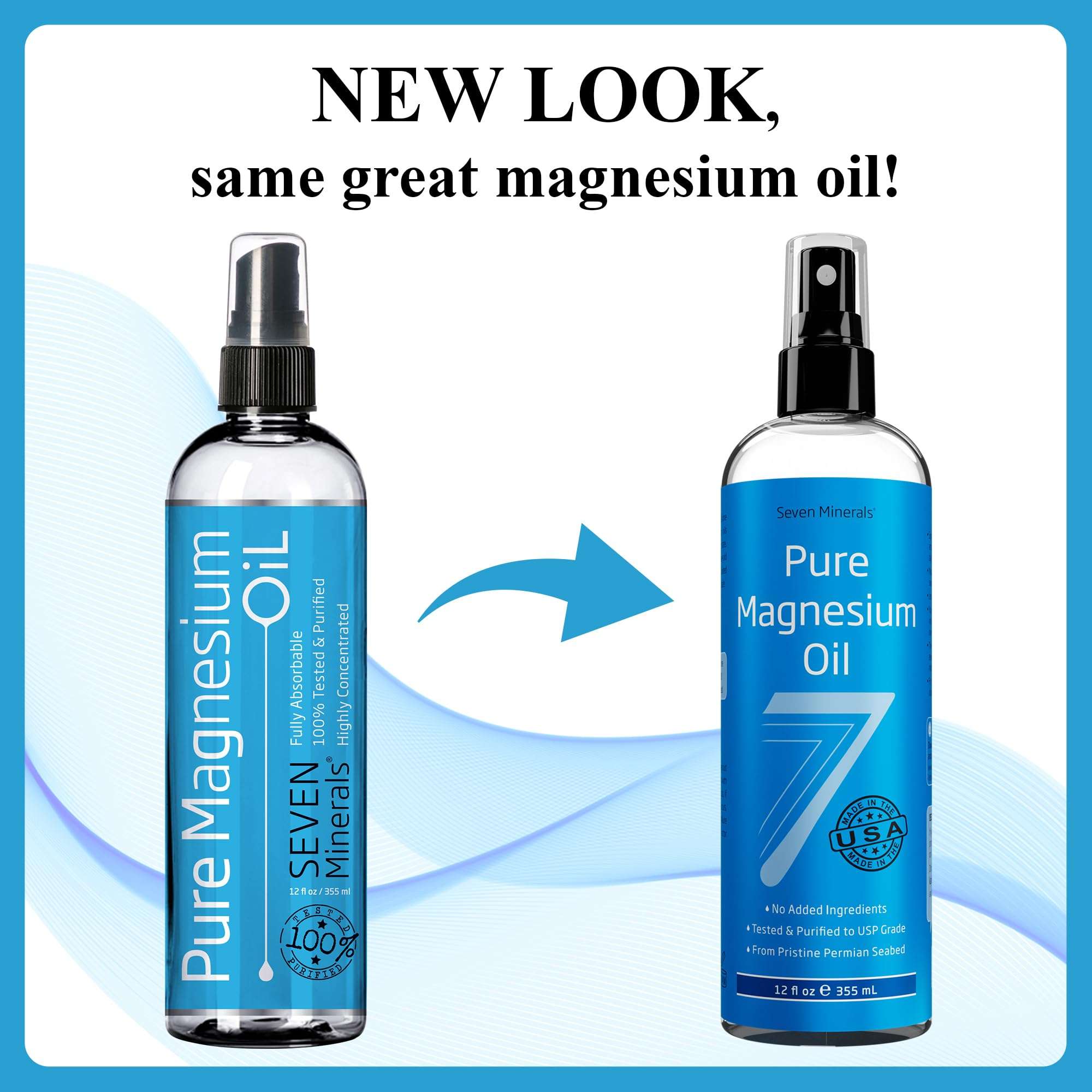 Seven Minerals pure magnesium oil spray showing old and new blue bottle packaging side by side