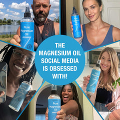 Collage of diverse people holding Seven Minerals pure magnesium oil spray bottles with promotional text