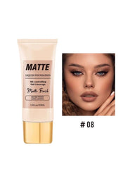 Huitich matte liquid foundation tube next to model face showcasing long lasting concealer for flawless skin