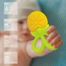 Green silicone fruit baby teether with textured surface and ring handle
